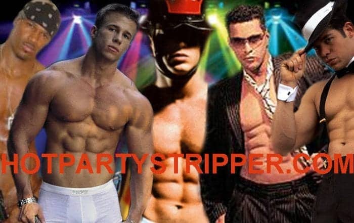 florida-male-strippers-imag | Hot Party Stripper Five male strippers in a group photo, diverse lineup with Black, white, Puerto Rican, and Dominican men dressed in various costumes from firefighter to Calvin Klein boxers, perfect for Miami event entertainment.