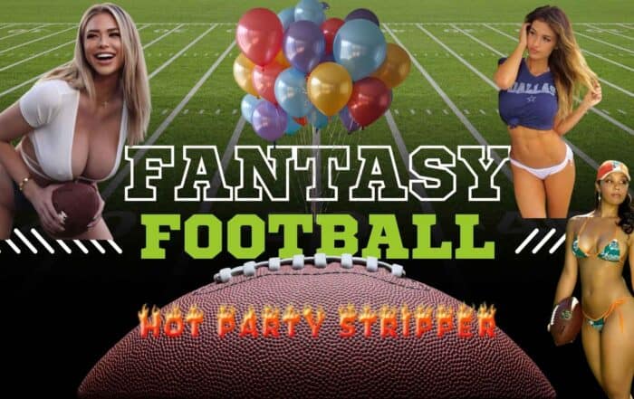 exotic-dancers-for-fantasy-football | Hot Party Stripper Busty women in football-themed outfits at a sports field with balloons and football imagery for adult entertainment.