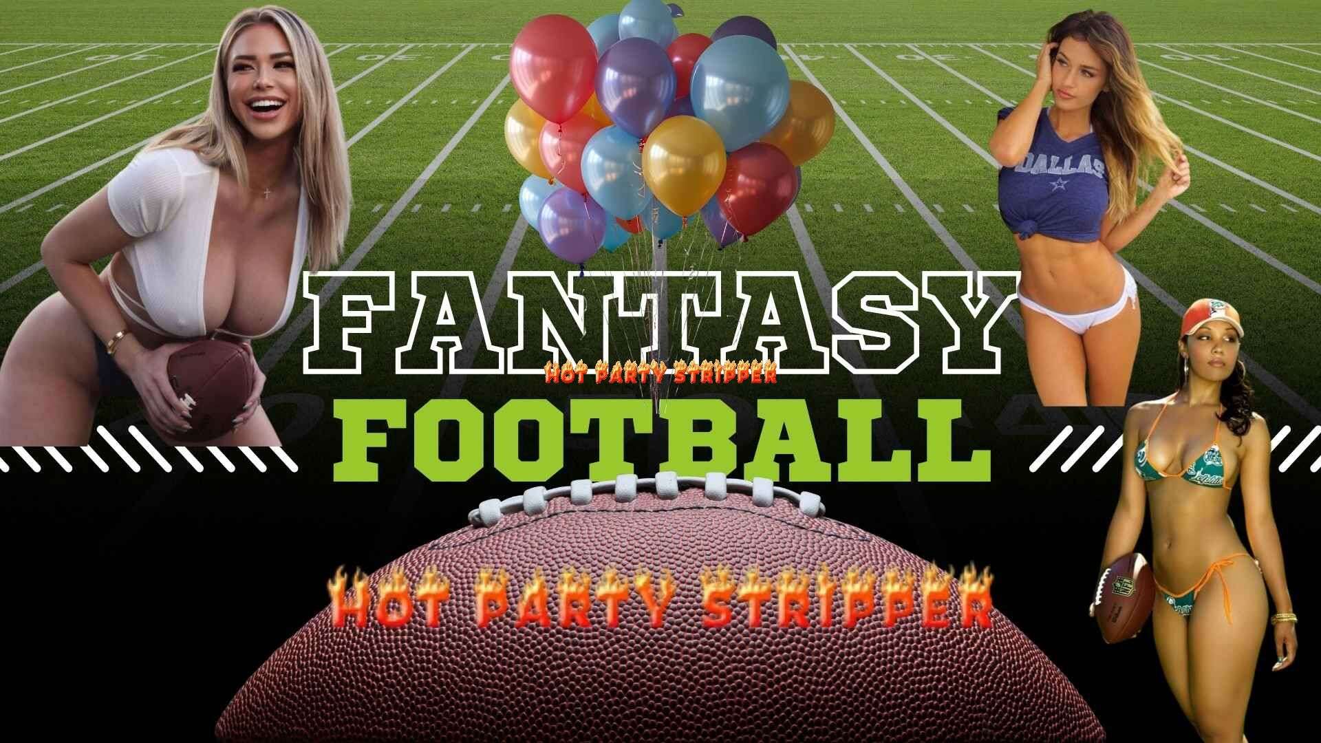 Busty women in football-themed outfits at a sports field with balloons and football imagery for adult entertainment.