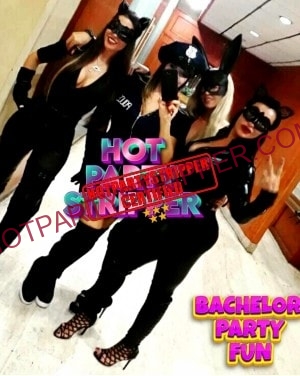 Four exotic female strippers in police girl costumes with Catwoman masks, ready for an exotic dancing service.