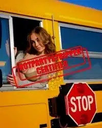 exotic woman sticking her head and breasts in a bikini outside school bus window with the school stop sign