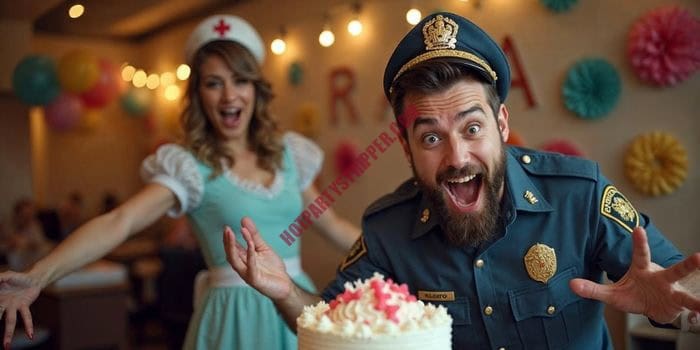 Woman surprising birthday guest in Miami with private stripper and party guests laughing