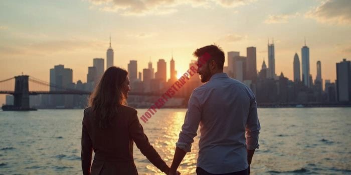 Couple holding hands with NYC skyline in background