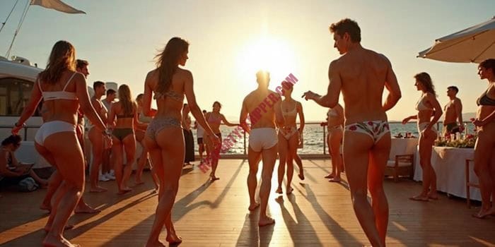 Exotic dancers performing at a Miami boat party with guests enjoying VIP service