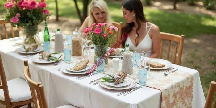 Summer house party scene with checklists and themed decor
