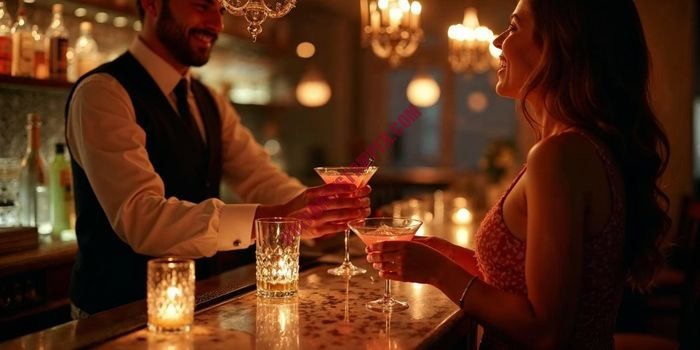Private bartender serving cocktails to a romantic couple