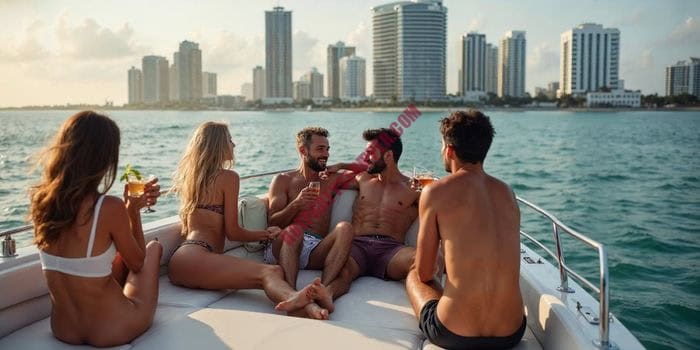 Dancers entertaining guests on the deck on a boat with Miami in the background