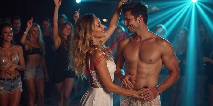 Bride-to-be smiling with male dancer entertaining her at a VIP bachelorette party in Miami