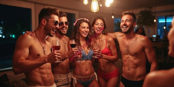Friends having fun with exotic entertainers during a wild bachelor or bachelorette party in Miami