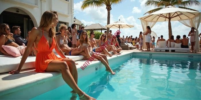 Guests enjoying a VIP poolside party at Eden Roc Miami Beach with entertainers