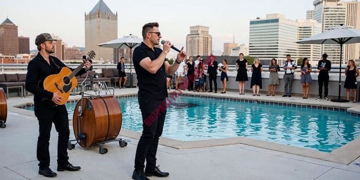 Private entertainers at rooftop pool party at Grand Hyatt Nashville with guests and skyline views