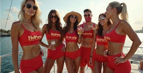 group-of-female-dancers-miami-hot-party Professional female dancers in matching Hot Party uniforms for luxury Miami events