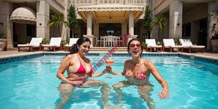 Guests enjoying a pool party with private entertainers at The Hollywood Roosevelt Hotel Los Angeles