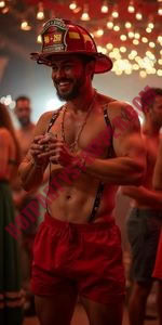 Hot Party Stripper male dancer in fireman costume at a Miami Beach bachelorette party