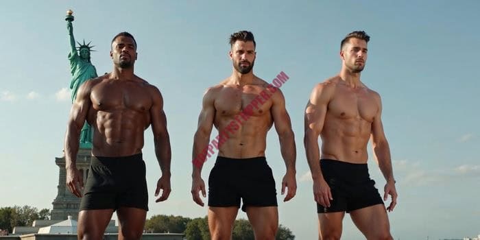 NYC male strippers with Statue of Liberty
