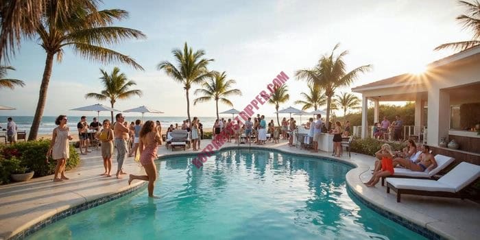 Guests enjoying private entertainers during May pool party on the beach near Tampa Bay