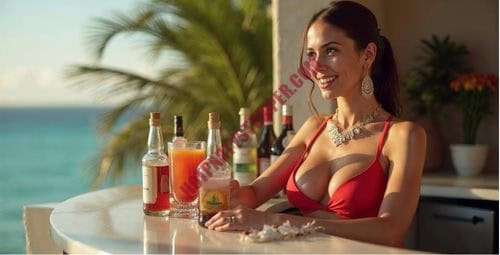 Topless bartender serving drinks at private pool party in Miami