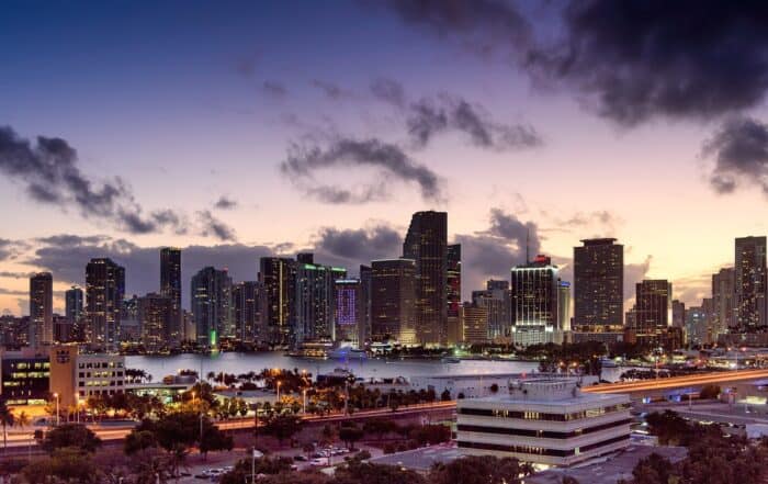 The city skyline at dusk in miami.