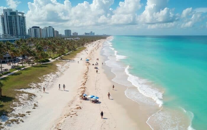 An aerial view of the beach and buildings in miami.