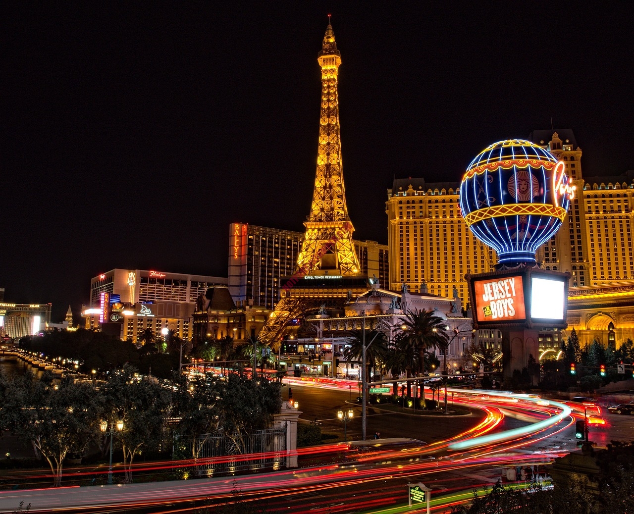 Las Vegas strip of hotels and bright neon signs