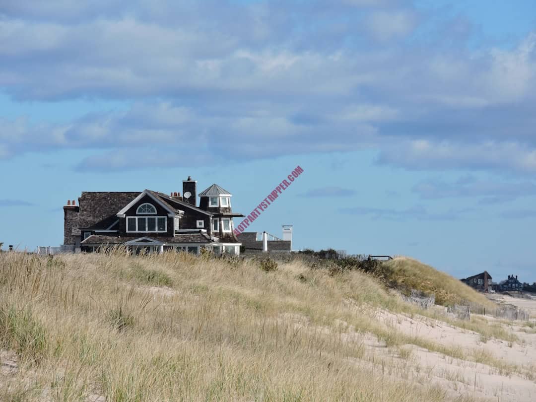 A house on the beach with a crane in the background.