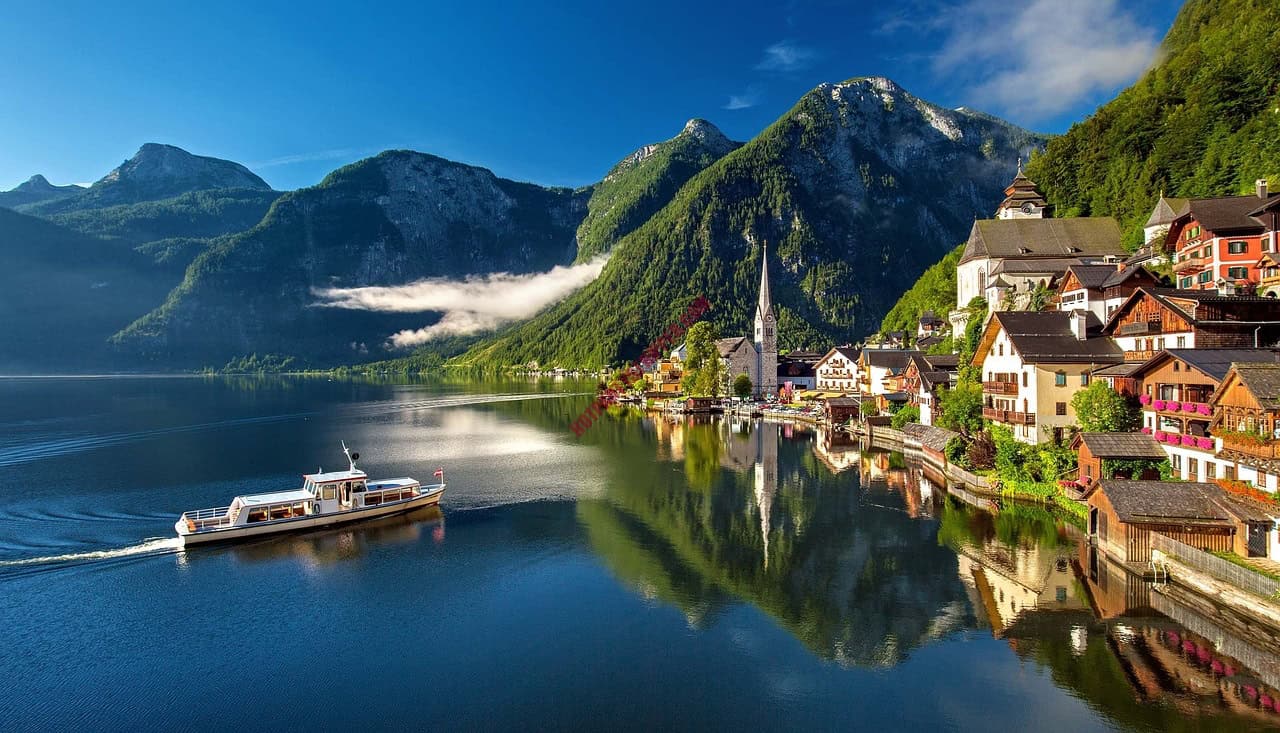 a destination vacation gorgeous lake with a boat and houses
