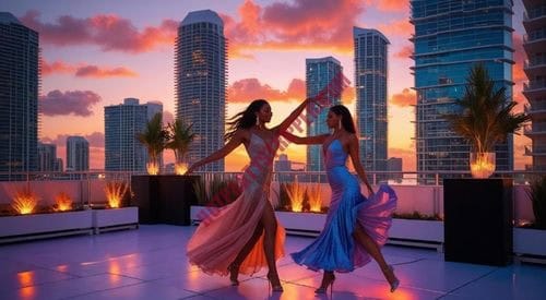 Private strippers at a rooftop party in Brickell overlooking the skyline.