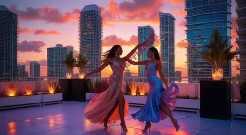 Brickell Rooftop Strippers – Miami Private Party Entertainment | Hot Party Stripper Private strippers performing at a rooftop party in Brickell Miami overlooking the skyline.