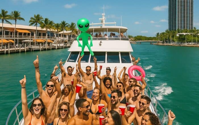 blog post about Wild Yacht Parties in dade county | Hot Party Stripper A group of people on a boat with text that says bayside market place must have.