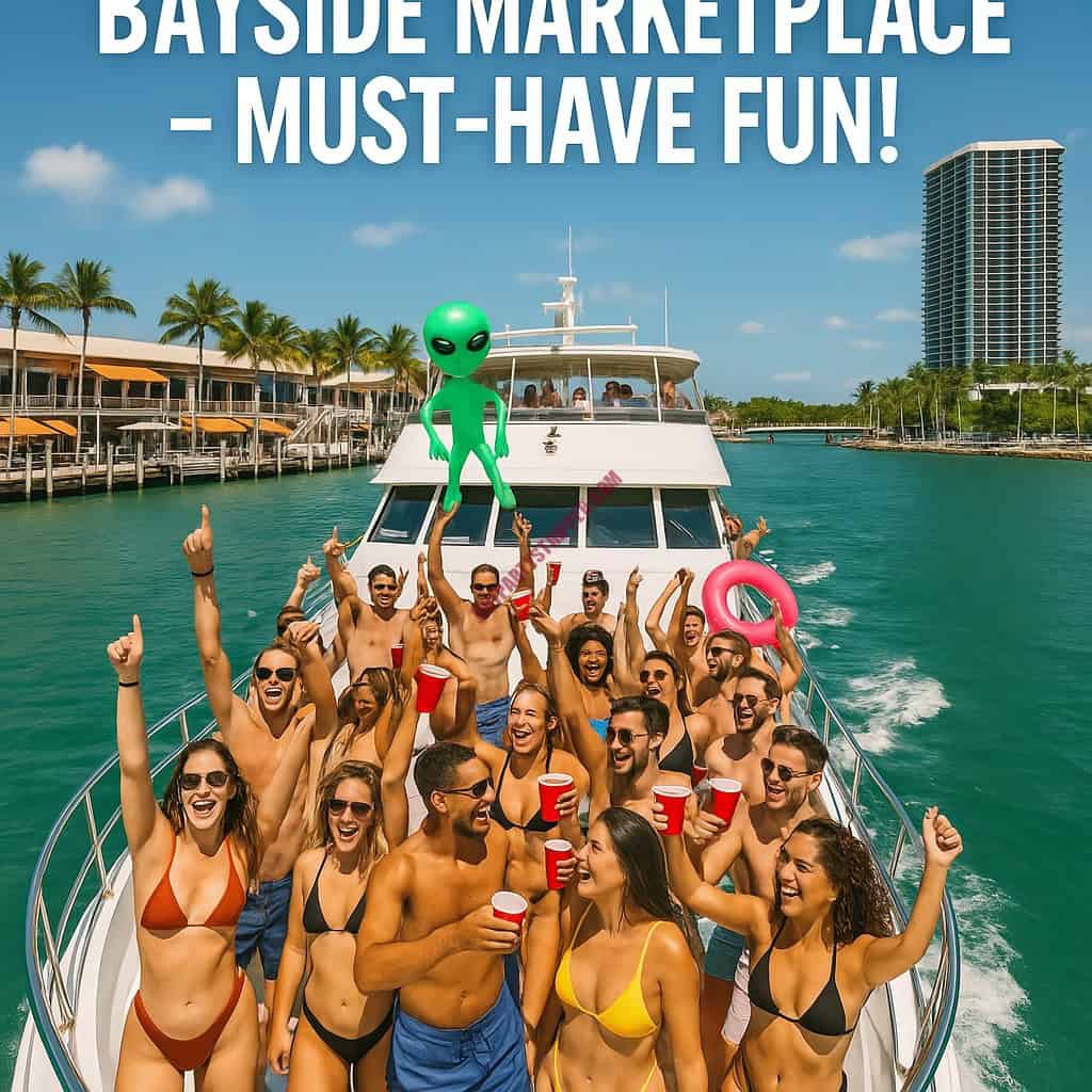 A group of people on a boat with text that says bayside market place must have.