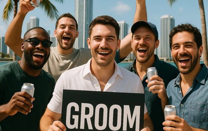 Cheerful bachelor party scene with friends celebrating outdoors, holding drinks, with the groom holding a "GROOM" sign.