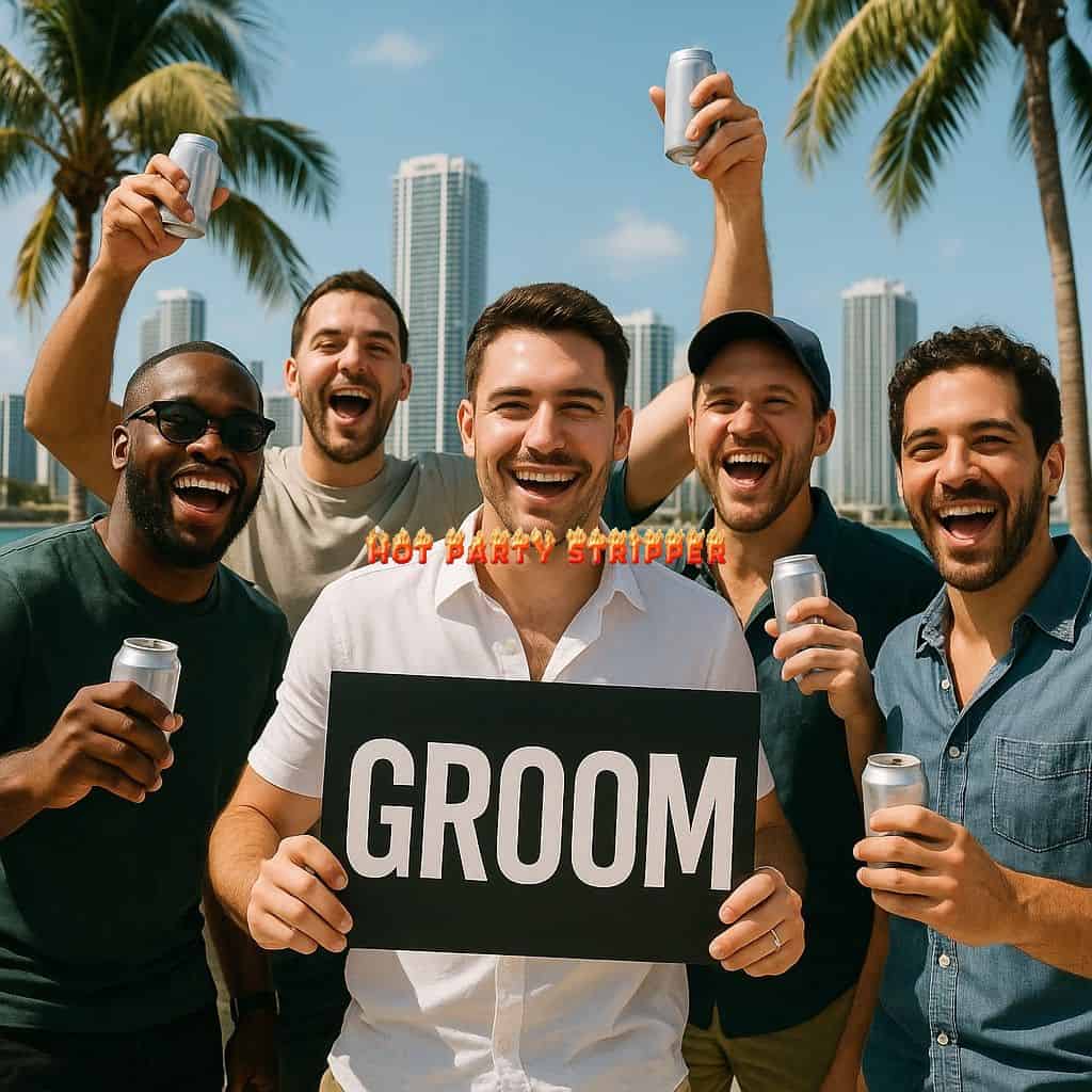 Cheerful bachelor party scene with friends celebrating outdoors, holding drinks, with the groom holding a "GROOM" sign.