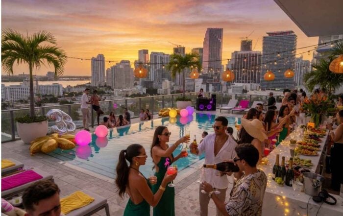 Group of friends celebrating a bachelor party weekend in Miami at a rooftop pool
