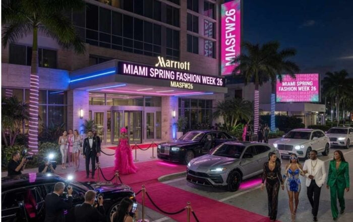 Aloft Miami Aventura — MIASFW26 Red Carpet Arrival | Hot Party Stripper Aloft Miami Aventura hotel entrance with MIASFW26 red carpet, models, and luxury cars at Miami Spring Fashion Week 2026