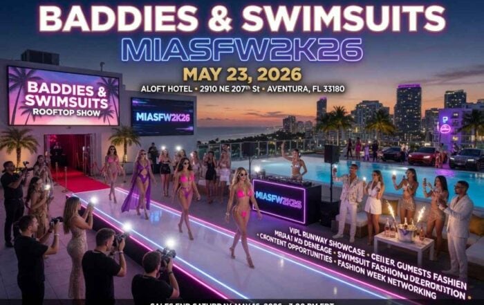 MIASFW2K26 Baddies and Swimsuits Rooftop Fashion Show | Hot Party Stripper Promotional rooftop fashion show with bikini-clad models walking a neon-lit runway by a pool as photographers film the scene at sunset/nighttime city backdrop.