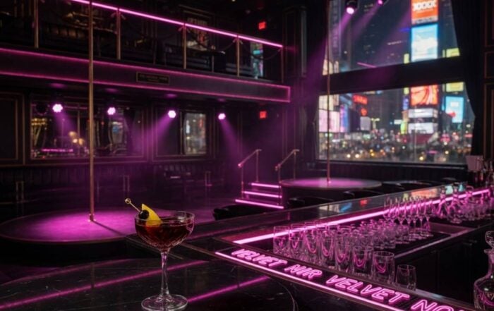 FlashDancers NYC Visitor Guide | Hot Party Stripper Upscale Manhattan gentlemen's club interior at night with pink neon lighting — FlashDancers NYC visitor guide by Hot Party Stripper