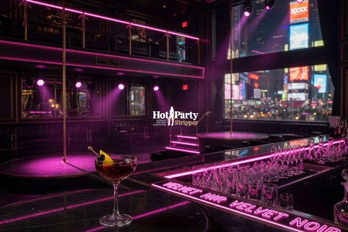 Upscale Manhattan gentlemen's club interior at night with pink neon lighting — FlashDancers NYC visitor guide by Hot Party Stripper