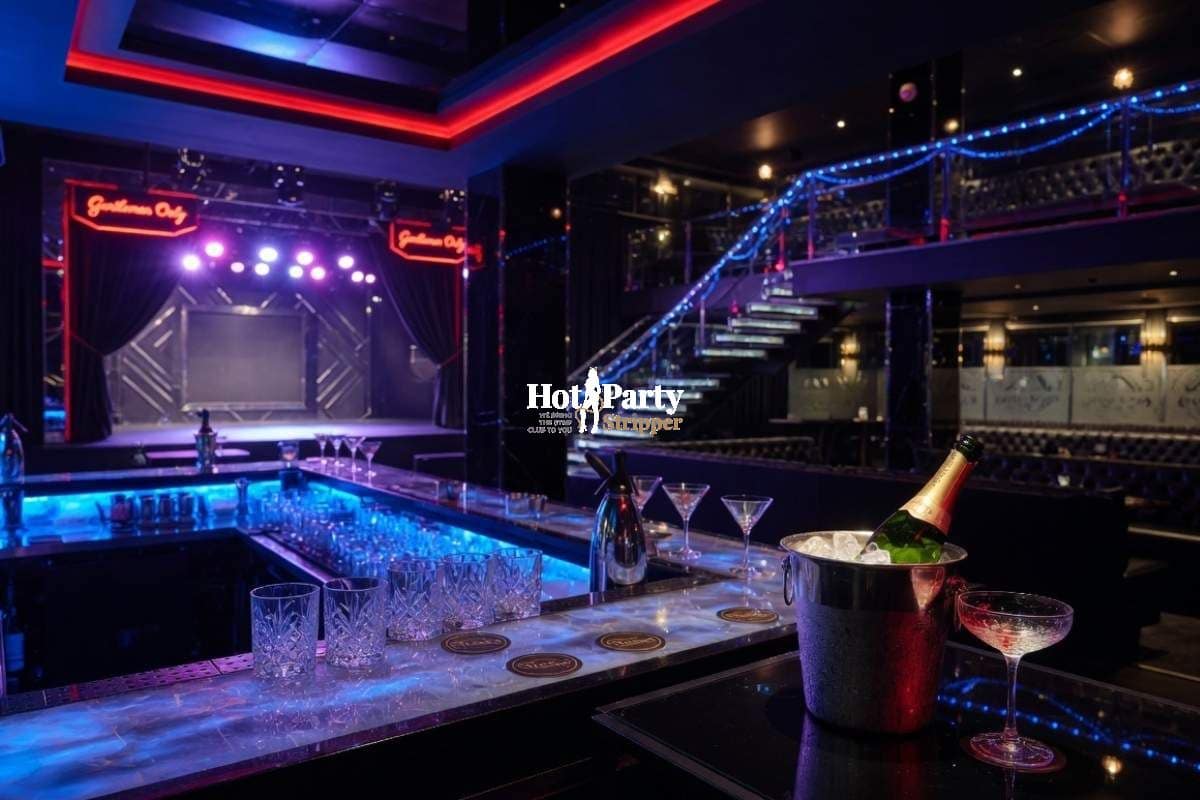 Upscale Manhattan gentlemen's club interior at night with neon lighting — Hustler Club NYC visitor guide by Hot Party Stripper