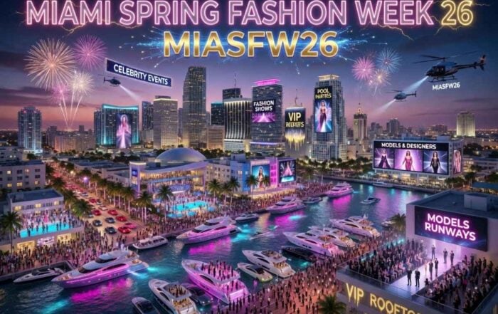 Miami Spring Fashion Week 2026 MIASFW26 event graphic with Miami skyline, yachts, rooftop runway, and fireworks at night