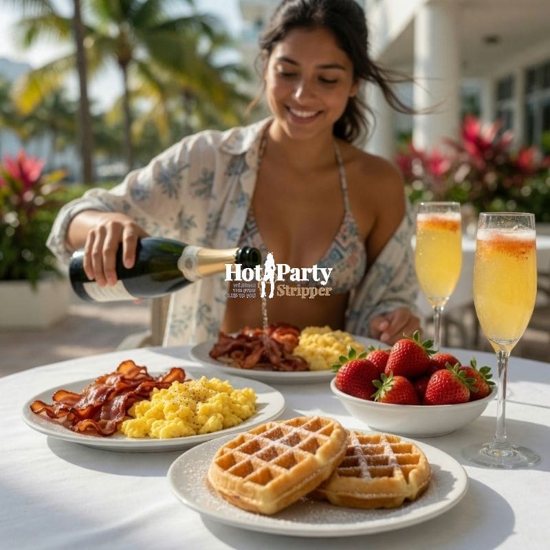 Bacon, eggs, and mimosas served at a Miami morning bachelor party