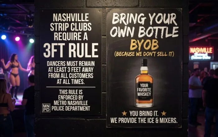 nashville-strip-club-3-foot-rule | Hot Party Stripper Nashville strip club rules sign: three-foot rule between dancers and customers, and BYOB with ice and mixers provided