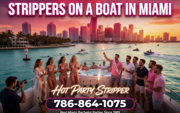 Strippers On a Boat Miami Bachelor Party | Hot Party Stripper Promotional banner for a boat party in Miami: guests in swimsuits toasting with champagne on a yacht, skyline at sunset, with 'Hot Party Stripper' and a phone number.