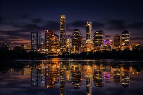 Austin skyline reflected on the water — book strippers in Austin, Texas