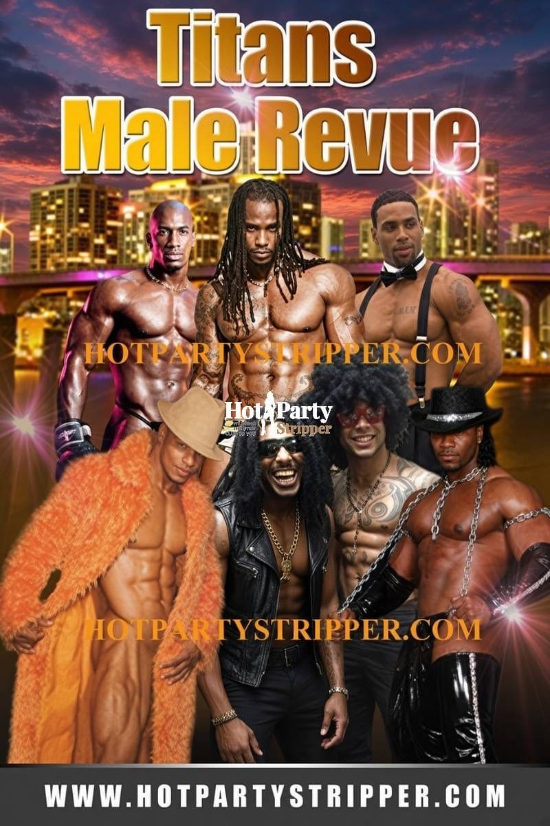 Titans Male Revue Black strippers in Houston posed in front of the downtown Houston skyline
