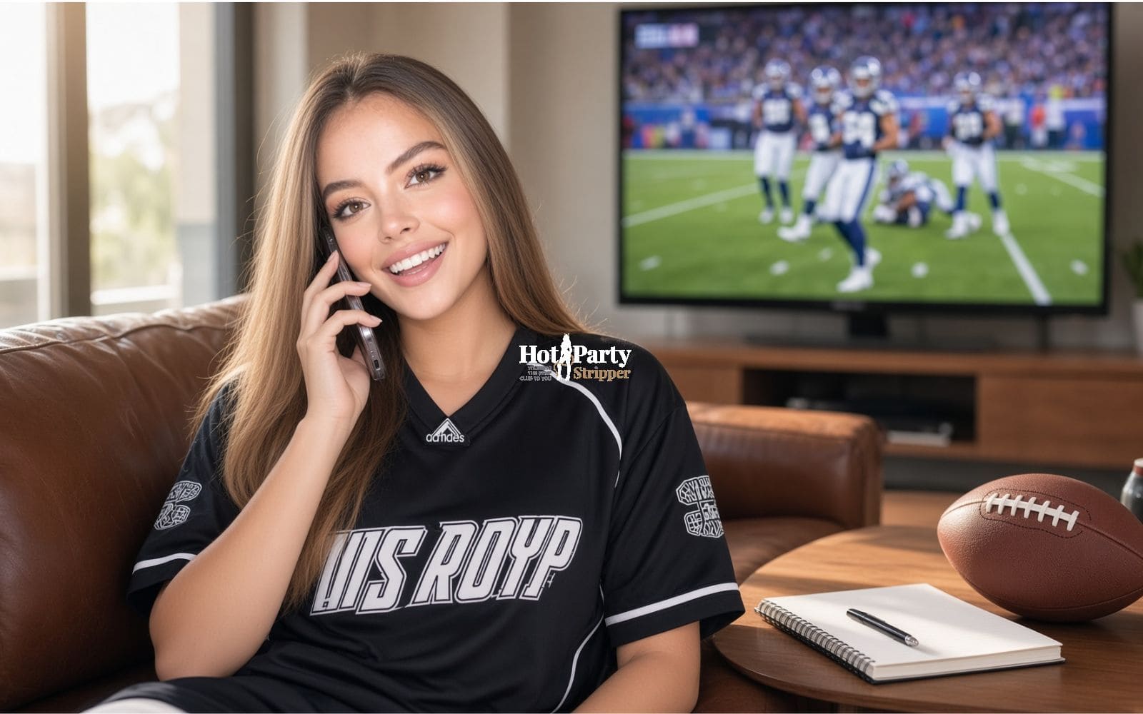 Entertainer on a phone call in a living room with a football game on television