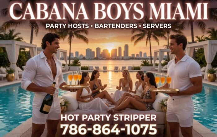 cabana-boys-miami-luxury-pool-party-hosts-2026 | Hot Party Stripper Cabana boys in Miami serving champagne at luxury pool deck cabana for bachelorette event | Hot Party Stripper