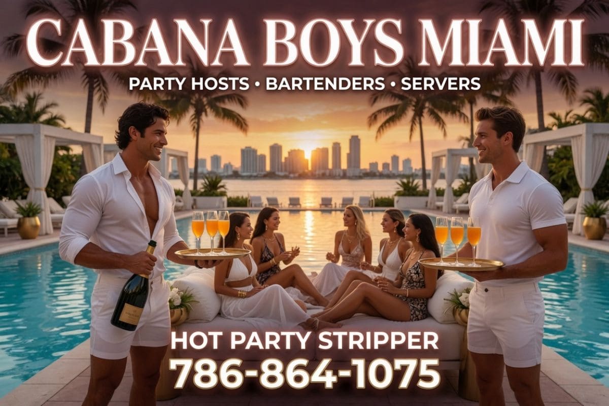Cabana boys in Miami serving champagne at luxury pool deck cabana for bachelorette event | Hot Party Stripper