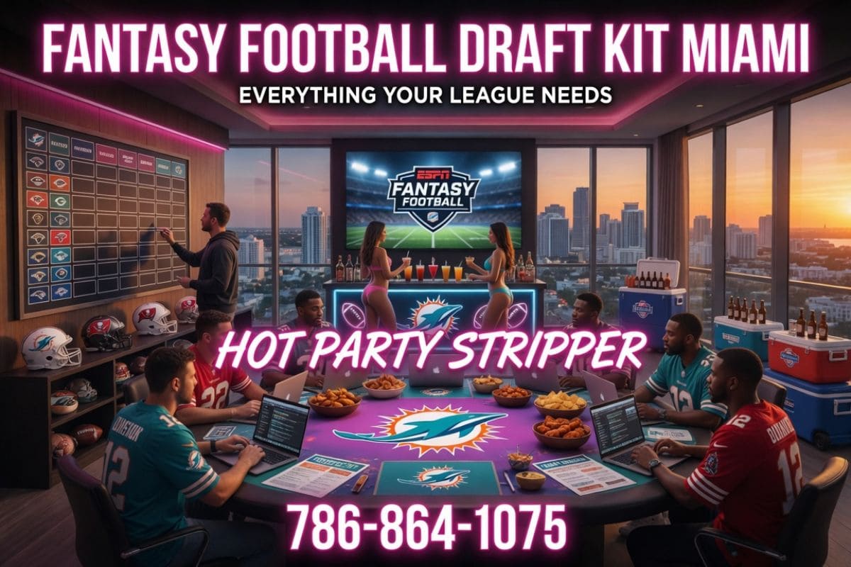 Fantasy football draft kit setup in Miami penthouse with draft board bikini bartenders and NFL decor | Hot Party Stripper