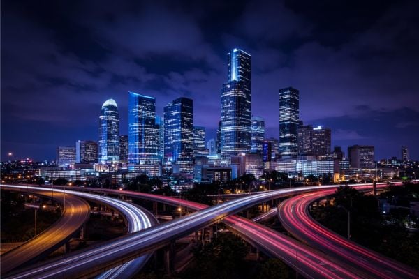 Houston skyline at night — book strippers in Houston, Texas