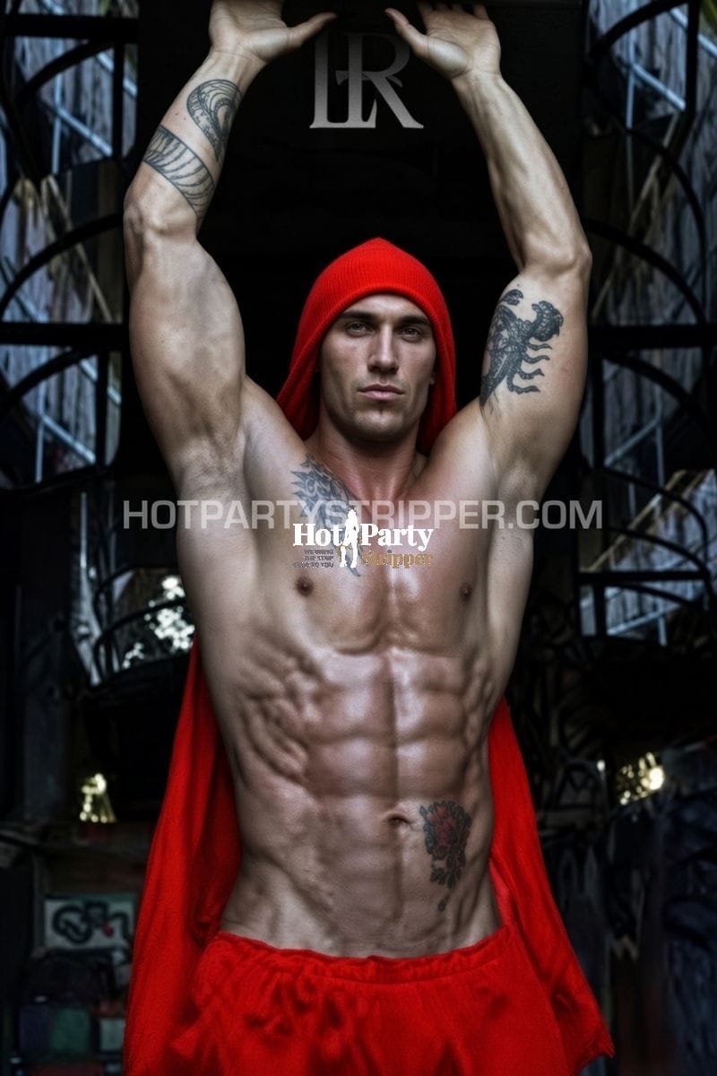 Male stripper in Houston in a red hood posing against a graffiti wall before a bachelorette party